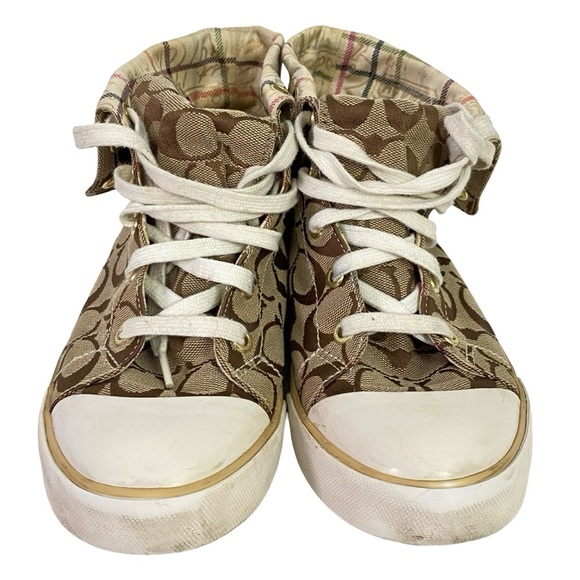 Coach Bonney High Top Sneakers Womens Size 9 Logo Jacquard Tan Brown Fold Down - Picture 3 of 13